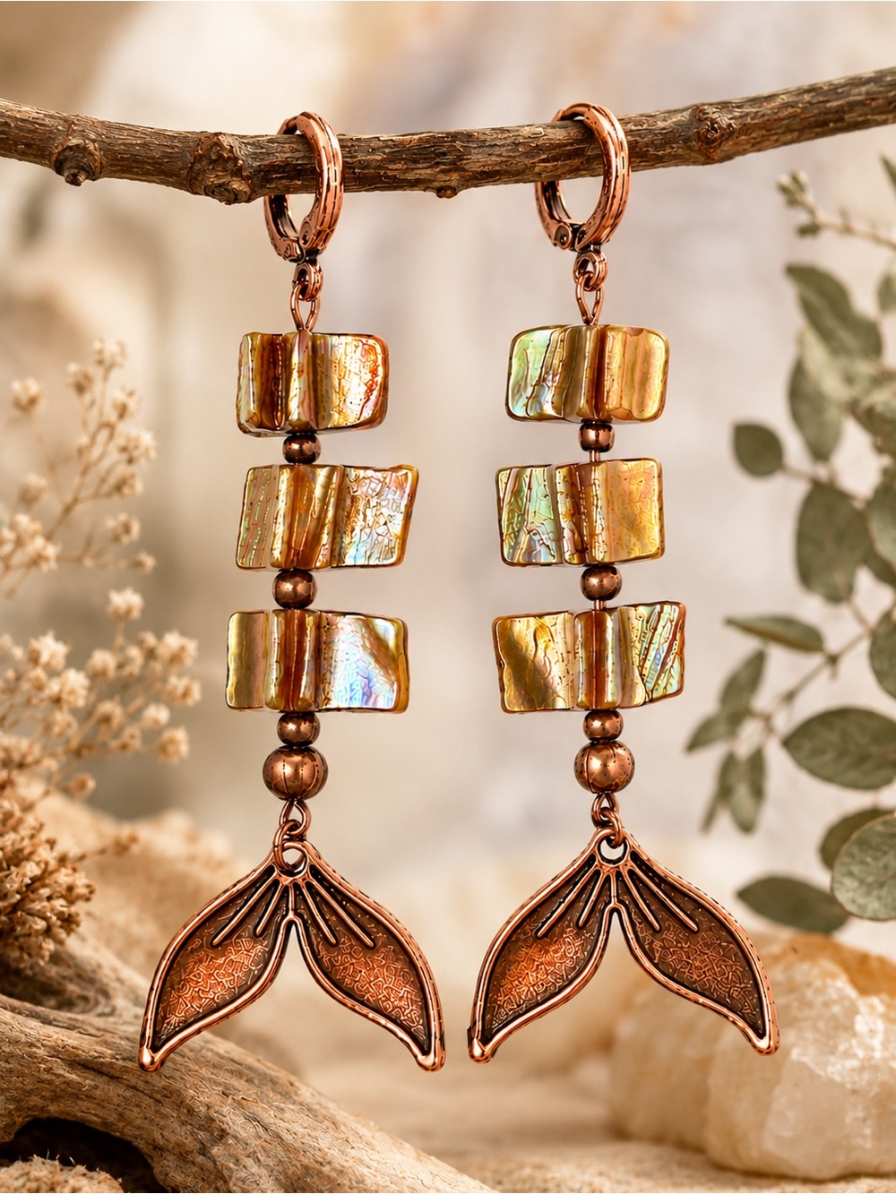 Mother of Pearl Copper Mermaid Tail Dangle Earrings Boho Beach